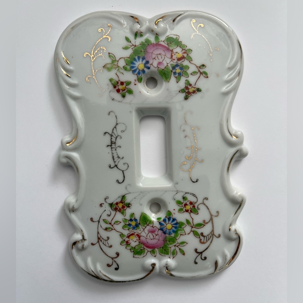 Vintage Porcelain Floral Light Switch Plate Cover - Victorian Gold Gilt Ornate